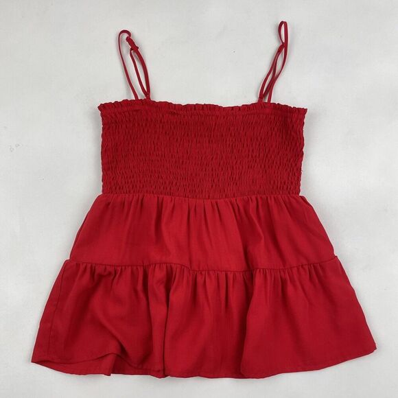 Paper Crane Red Spaghetti Strap Smocked Tiered Top Size Small 100% Polyester - Picture 2 of 5